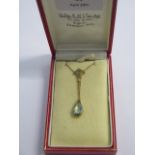 A 15ct yellow gold pearl and aquamarine pendant necklace - 17mm drop - approx weight 4.6 grams