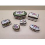 A collection of six continental porcelain hand decorated trinket pill boxes - largest 11cm wide -