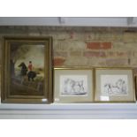 An unsigned oil on board of a gentleman and horse jumping a fence, gilt frame size 59cm x 43cm and a