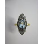 A 15ct (Tested) Yellow Gold rose Cut Diamond and Aquamarine Ring, Head Size Approx. 24mms x 11.