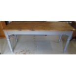 A painted pine kitchen table with a waxed plank top - Height 77cm x 179cm x 70cm