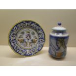 A Firenze plate and a Faience ware drug jar - Height 25cm - both good