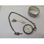 A silver bangle - 6cm x 5cm x 3cm external - a silver page marker and a silver pocket watch on a