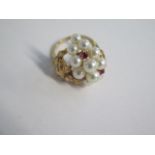 A 14ct yellow gold pearl and garnet/ruby cluster ring size M/N - approx weight 7.4 grams - good