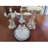 Four Continental floral encrusted candelabra, centre dish, mirror - candelabra missing to large