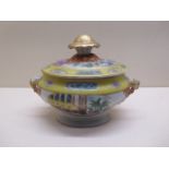 A Chinese Famille Rose twin handle lidded tureen with yellow rim - Width 19cm x Height 15cm - some