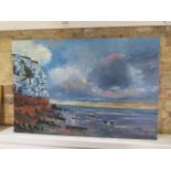 John Rohda oil on board of a Hunstanton beach and cliffs - unframed - 91cm x 61cm