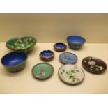 Nine pieces of Cloisonne ware - Largest 17cm diameter - all good, except one bowl which is chipped