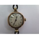 A 9ct yellow gold Rolex manual wind ladies wristwatch on a leather strap - 24mm case - not running -