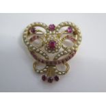 An 18ct Yellow Gold (Tested) Art Nouveau Style Ruby and Pearl Brooch, Size Approx. 35mms x 35mms -