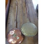 Two antique brass and copper bedwarmers - 118cm and 114cm long