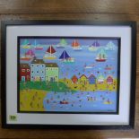 Gordon Barker - Acrylic on paper - Coastal Scene - framed under glass, ready to hang - frame size