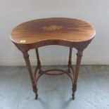 A Victorian inlaid marquetry mahogany kidney shaped side table on turned reeded legs united by