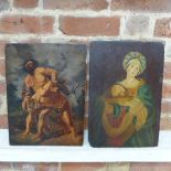 Two Religious oil paintings on wooden panels of St John The Baptist head and Cain and Able - 39cm
