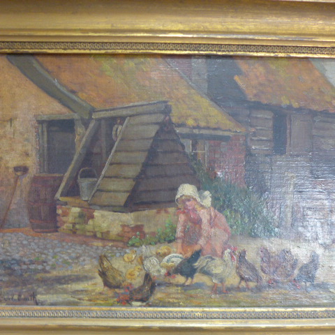 Ruth Burt-Smith 1864-1946 - Feeding Chickens - Oil painting on board in a gilt frame - 38cm x 52cm - Image 2 of 4