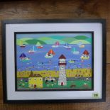 Gordon Barker - Acrylic on paper - Coastal Scene - framed under glass, ready to hang - frame size