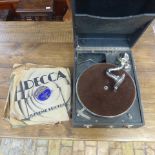 A Ridgmont Little Wonder portable picnic gramophone with some 78rpm records - working