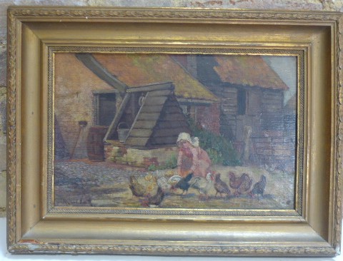 Ruth Burt-Smith 1864-1946 - Feeding Chickens - Oil painting on board in a gilt frame - 38cm x 52cm