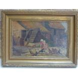 Ruth Burt-Smith 1864-1946 - Feeding Chickens - Oil painting on board in a gilt frame - 38cm x 52cm