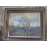 An oil on canvas board seascape scene with sailing boats in an ornate gilt frame - 59cm x 70cm