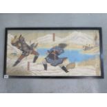 A Japanese coloured print of Warriors fighting in an ebonised frame - 39cm x 74cm