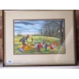 Paul Chapman 1991 watercolour, Chickens Playing Golf - 44cm x 35cm overall - in very good condition