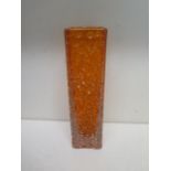 A Whitefriars glass orange/tangerine square section textured vase - Height 17cm - in good condition