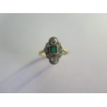 An 18ct yellow gold diamond and emerald ring size L -approx weight 3 grams - head approx 14mm x 10mm