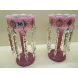 A pair of pink glass lustres - Height 26cm - both good, minor chips to lustres