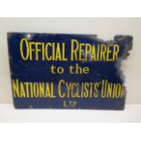 A blue enamel double sided Official Repairers to the National Cyclists Union Ltd - worn and