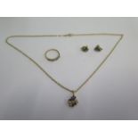 A matched 9ct yellow gold ring, earring, pendant and chain set - ring size P - total weight approx 8