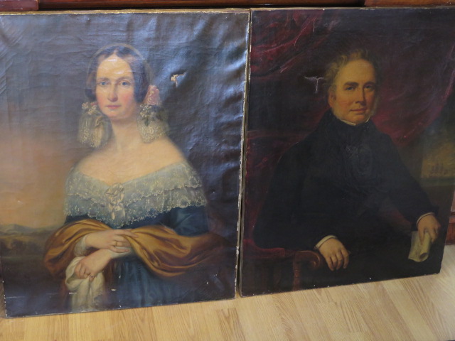 A pair of unframed 19th century oil on canvas portraits each 92cm x 71cm labels verso Capt Thos W