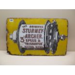 A Sturmey Archer 3 speed and Tricoaster Fitted Here double sided enamel sign - 33cm x 53cm - missing