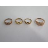 Four 9ct yellow gold rings, stones missing to two - total weight approx 12.2 grams