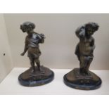 A pair of modern bronzes on black marble stands La Moisson and La Vendange - Height 25cm - both good