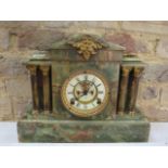 A green Onyx architectural mantle clock - Height 30cm x Width 36cm - with key, running