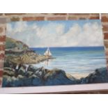 John Rohda oil on board of Devon Seascape unframed - 92cm x 61cm