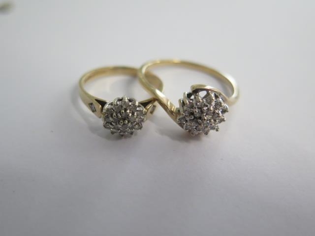 Two 9ct yellow gold diamond cluster rings sizes S and J/K - total weight approx 4.5 grams - both