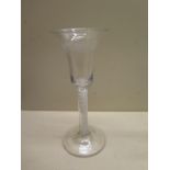 An 18th century spiral twist cordial glass with a bell shaped etched bowl - Height 17cm - good