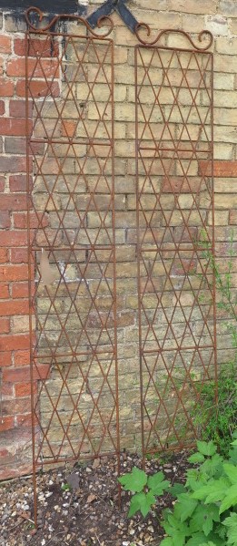 A pair of tall trellis iron panels with scrolled tops - 10mm BAR outer