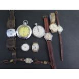 Six assorted wristwatches and two pocket watches and an unusual hidden dial watch - not running