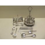 A plated toast rack, plated egg set and assorted plated flatware