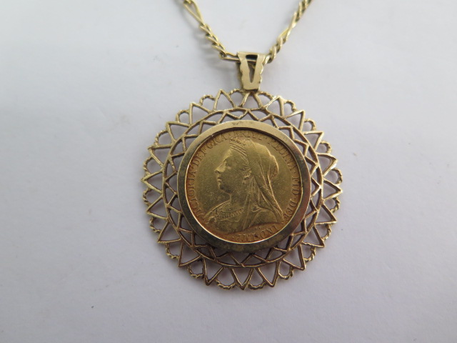 A Victorian gold full sovereign dated 1900 in a 9ct pendant mount on a 44cm chain - total weight - Image 2 of 3