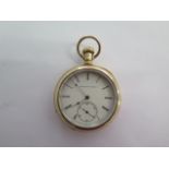 An Elgin gold plated top wind open face pocket watch - 50mm case - runs but stops, possibly