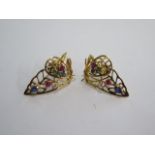 A pair of 18ct yellow gold multi gem screw back earrings - 26cm long - approx total weight 8 grams -