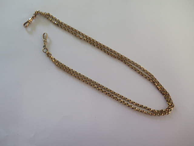 A 9ct yellow gold double Albert watch chain / necklace, 40cm long, approx 14.2 grams, good condition