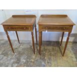 A pair of burr walnut lamp tables with a single drawer on turned legs made by a local craftsman to a