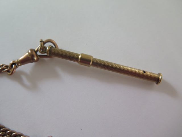 A 9ct yellow gold double Albert watch chain, 37cm long with a 9ct sliding toothpick, total weight - Image 4 of 4