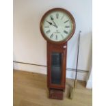 A restored oak case Tavern / parliament brass bound single weight and pendulum 13" painted dial,