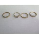 Four 9ct gold rings, sizes M, R, T, approx 7.8 grams, all good